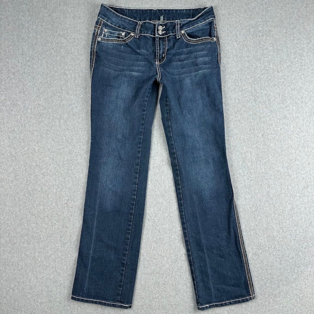 Women's Bootcut Jeans Embellished Flap Pockets Size 13 Dark Wash Alla Whiskering